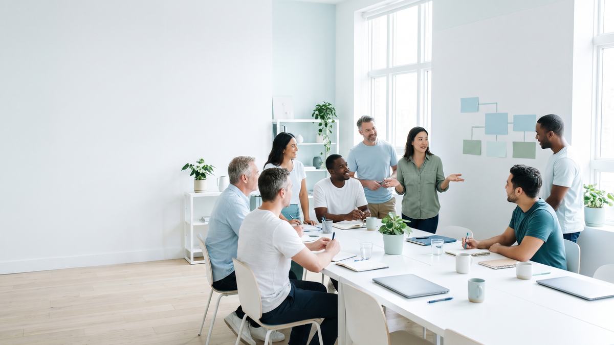 Un grupo diverso de colegas conversa alrededor de una mesa blanca en una sala luminosa; una mujer de pie explica un esquema de cuadros de colores suaves en la pared.