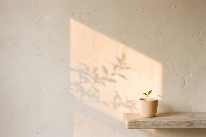 Pared clara con la sombra de unas hojas y una pequena planta que brota en una repisa.