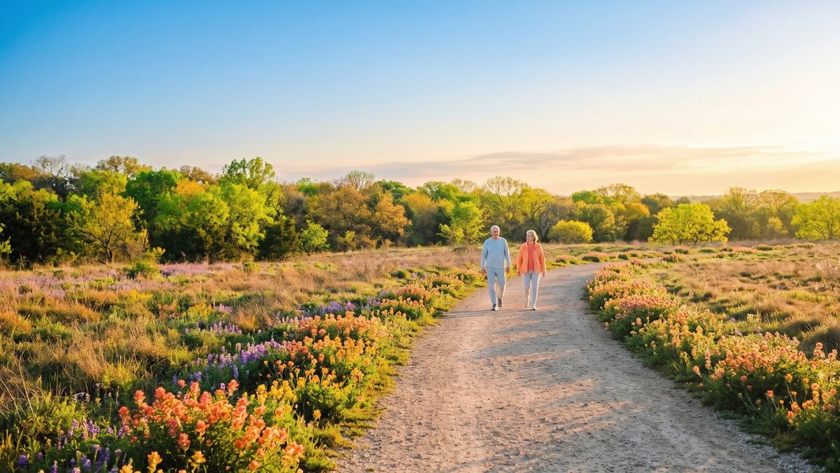 Dos personas caminan por un sendero entre flores al atardecer.