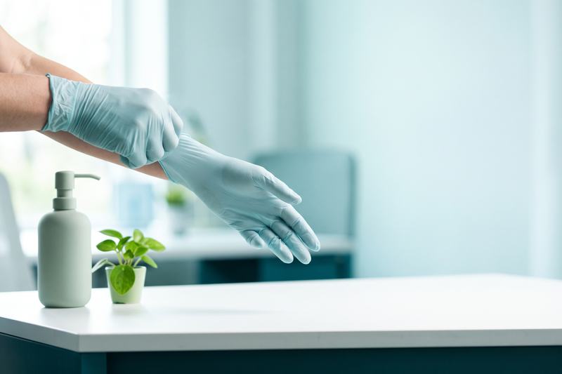 Una persona se coloca guantes de nitrilo azul claro junto a un dosificador de jabón y una pequeña planta, sobre una mesa blanca en una sala luminosa.